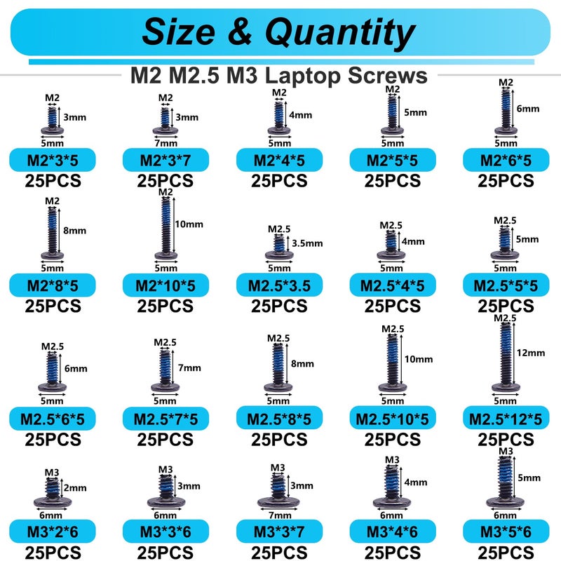 Bemaka 500PCS Laptop Screws Notebook Computer Screws Kit 20 Sizes Blue Nylok Screws M2 M2.5 M3 Laptop Replacement Computer Screws for Motherboard SSD PC Fan Hard Drive - Image 5